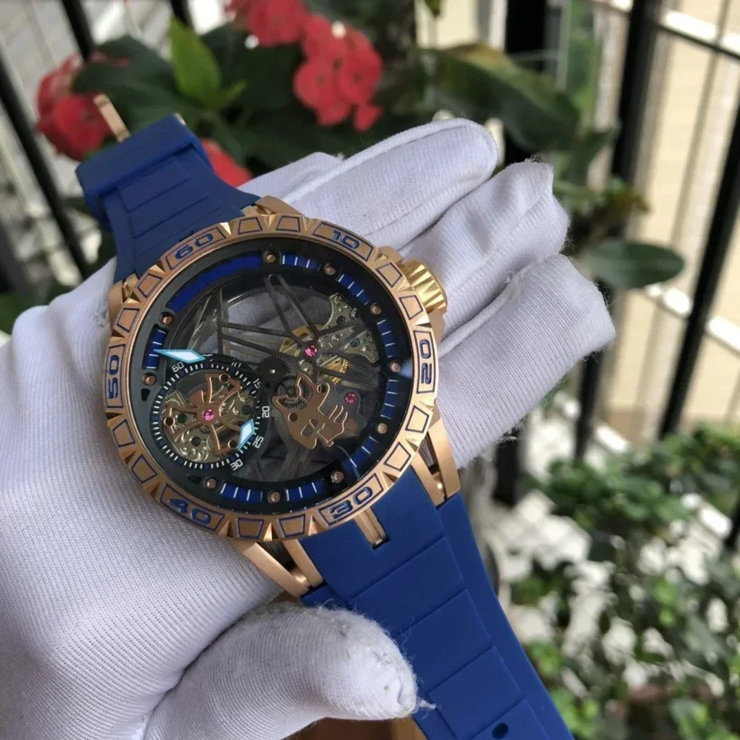 Luxury New Mens Mechanical Watch Automatic Rose Gold Blue Leather Rubber Tourbillion Fashion Watches