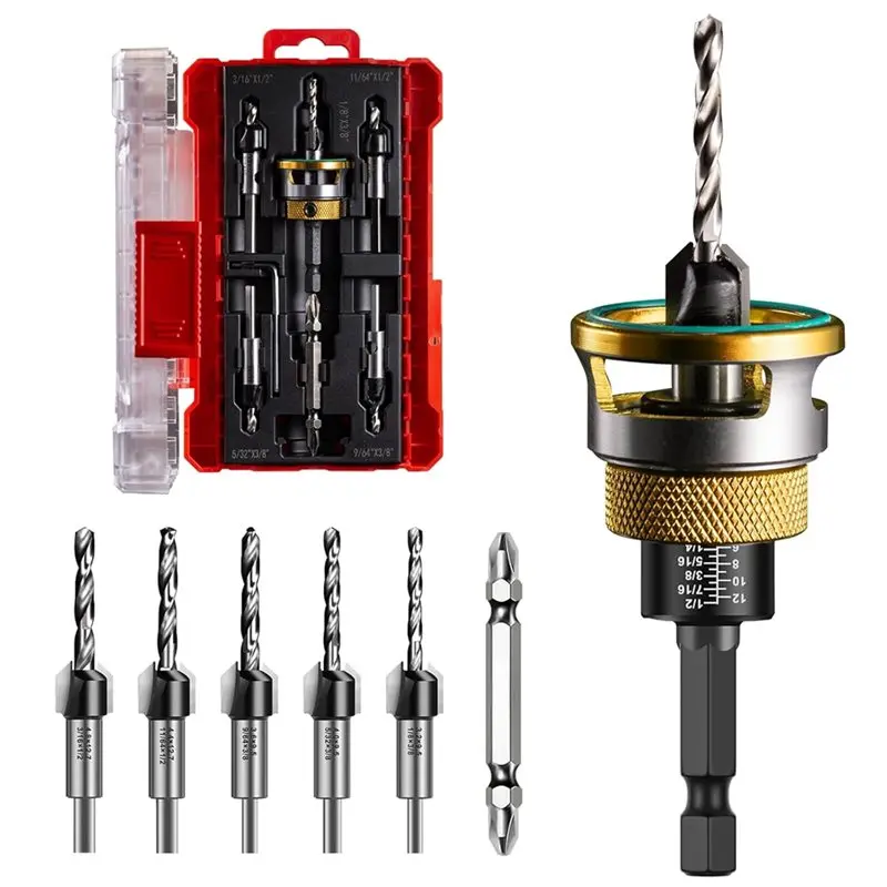 abfi-カウンターシンクドリルビットセット-5本入り-82個付き-°-カウンターボア、1-4インチ六角シャンク、深さ止めカラー