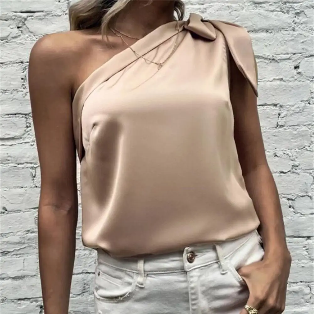 Sleeveless Smooth Satin Women Top Sexy One Shoulder Bowknot Pullover Top Female Clothes Elegant Blouse Ropa De Mujer топ женский