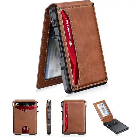 Carteira Masculina Fina Minimalista de Couro com Bloqueio RFID, Dobrável para Bolso Frontal, com Clipe Magnético Pop-Up e Porta-Cartões