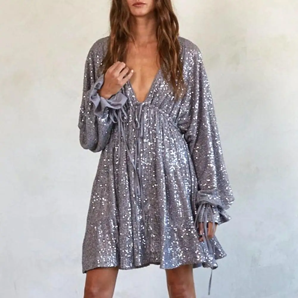 V-neck Dress Lightweight Solid Color Dress Sequin Shimmering V Neck Party Dress with Lace-up Strap Look Elegant for Women