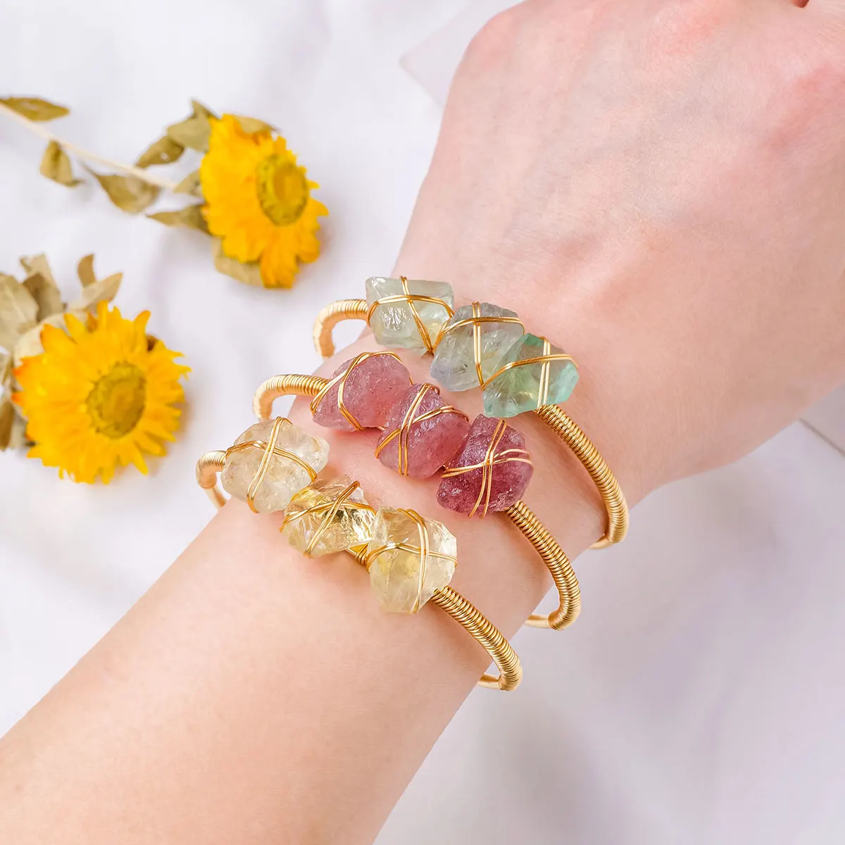1PC Natural Crystal Lrregular Rough Raw Stone Bracelet Hand Woven Copper Wire Open Bracelet Jewelry Making For Women Jewelry