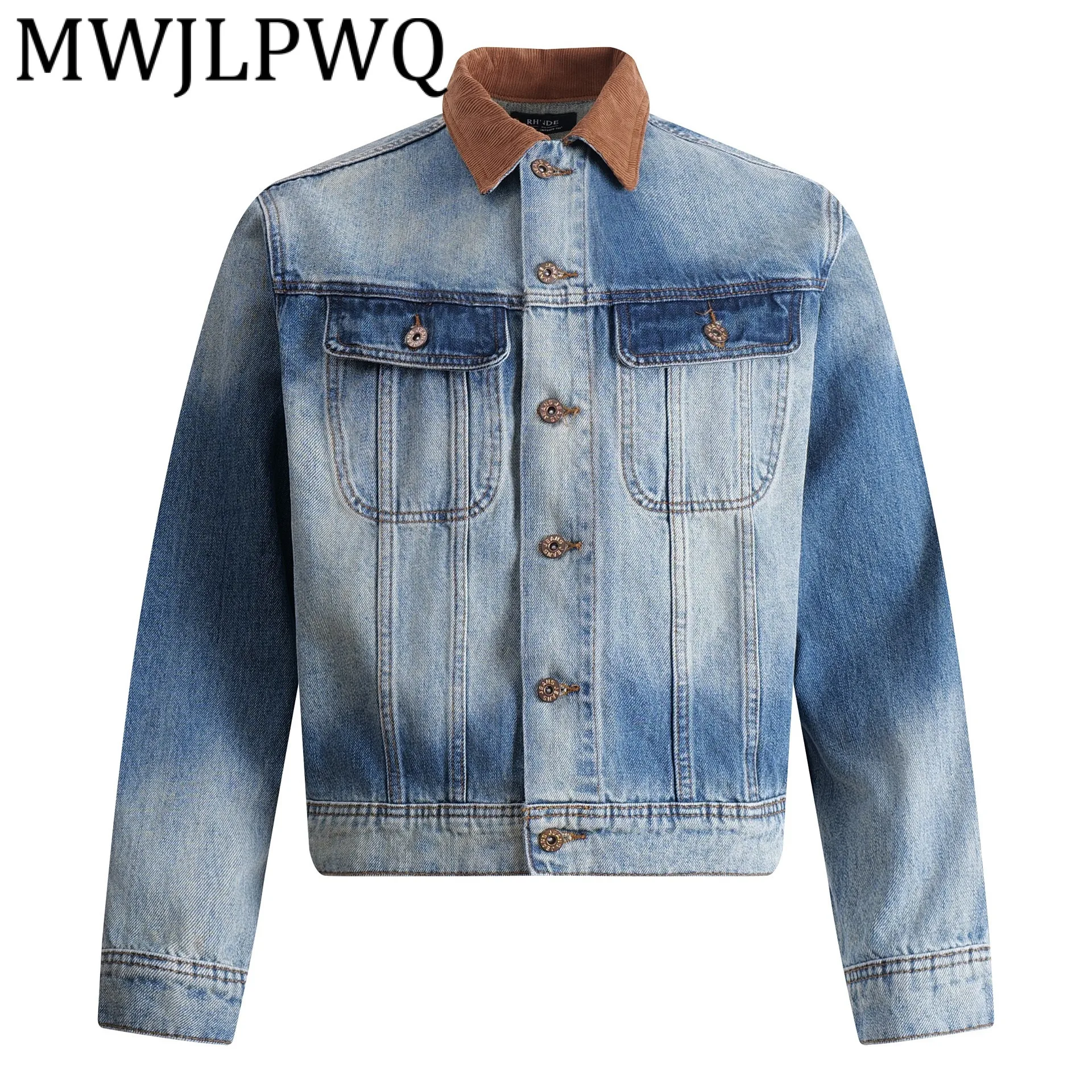 

MWJLPWQ American High Street Personality Loose Denim Jacket Men's Contrast Color Collar Spliced Modish Autumn Casual Coat 21488
