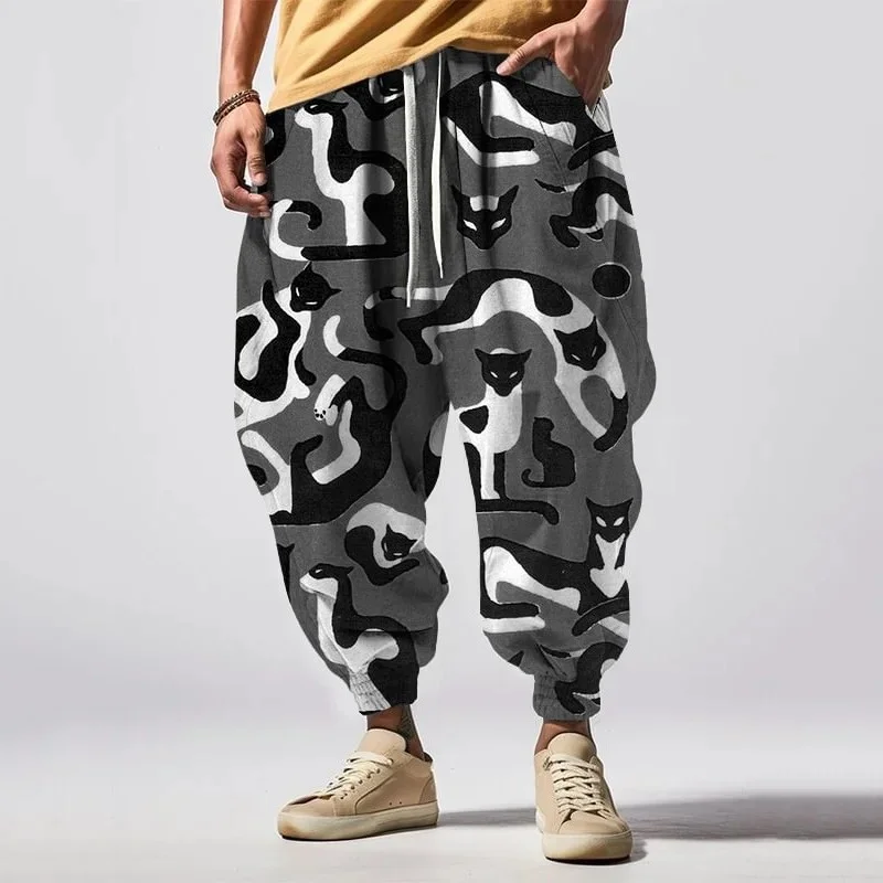 Japanese Art Cat Print Drawstring Waist Sweatpants Fashion 3D Printed Long Carrot Trouser Holiday Oversized Hip hop Streetwear
