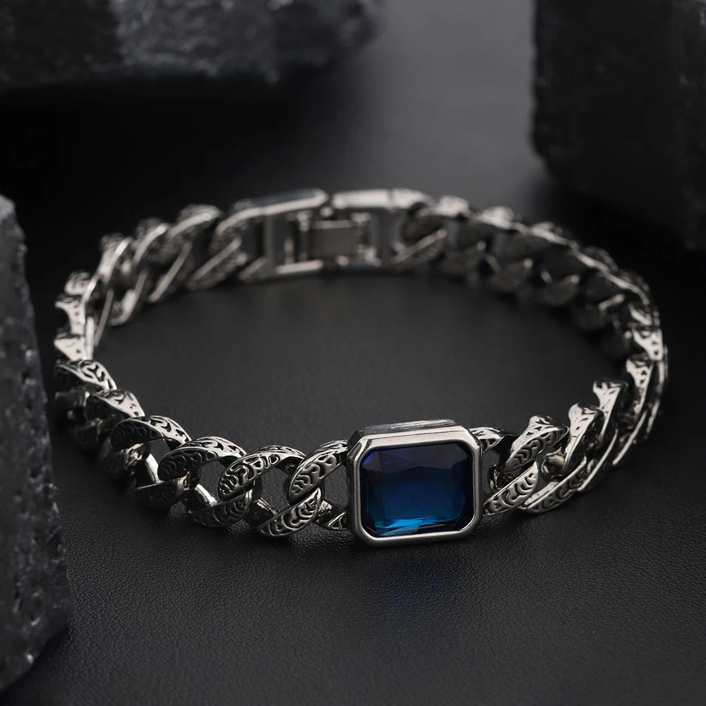 

S925 Sterling Silver Vintage Bracelet Jewelry 18/20/22cm Sapphire Cuban Chain Men Women Couple Party Fashion Gift