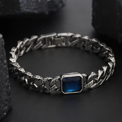 S925 Sterling Silver Vintage Bracelet Jewelry 18/20/22cm Sapphire Cuban Chain Men Women Couple Party Fashion Gift