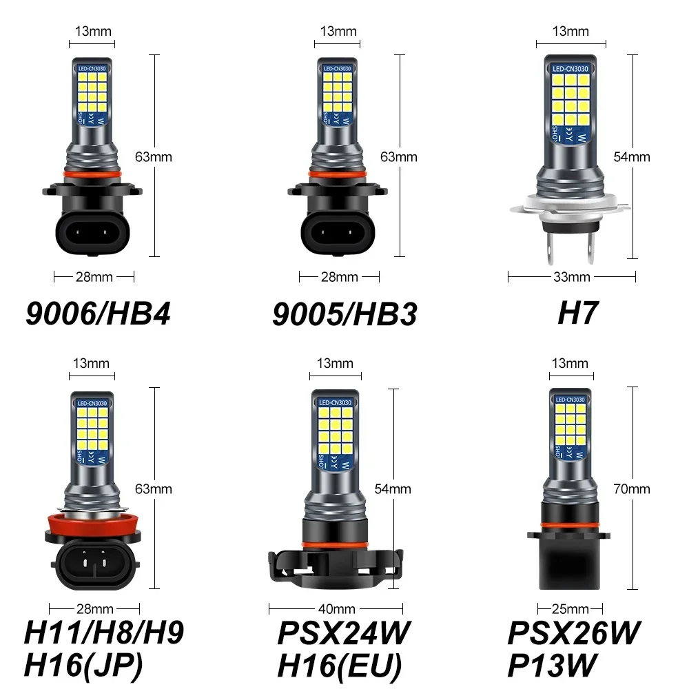 2x H11 H8 9006 HB4 HB3 H16 H10 Fog Lights Bulb Super Bright Car Fog Lights Day Driving Running Light 12V 6000K White