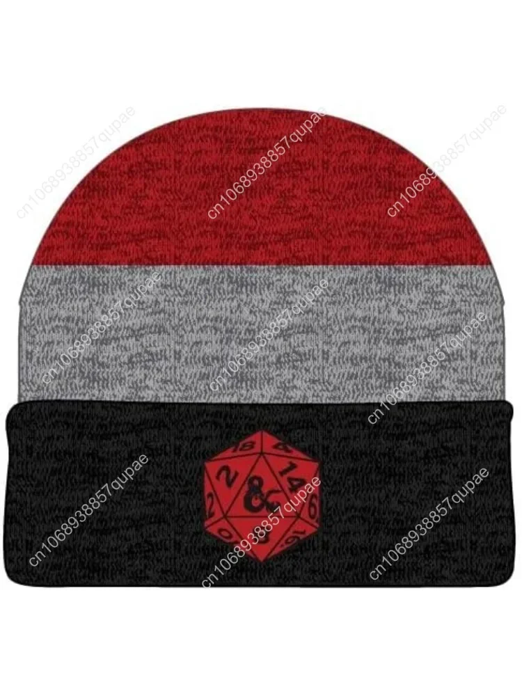 

Dungeons and Dragons Game Striped Red Marled Embroidery Logo Knitted Beanie Hat for Winter