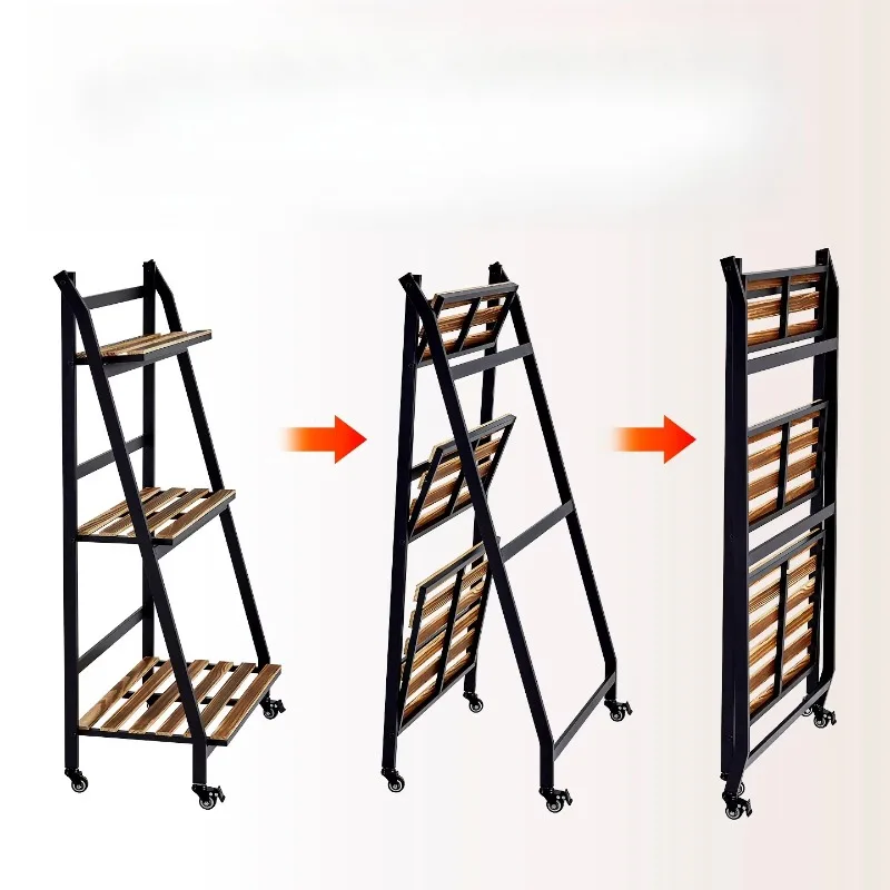Foldable Mobile Plant Stand, Solid Wood Iron Floor Shelf for Flowers,Indoor Outdoor Rolling Flower Pot Holder Rack, Space Saving view 3