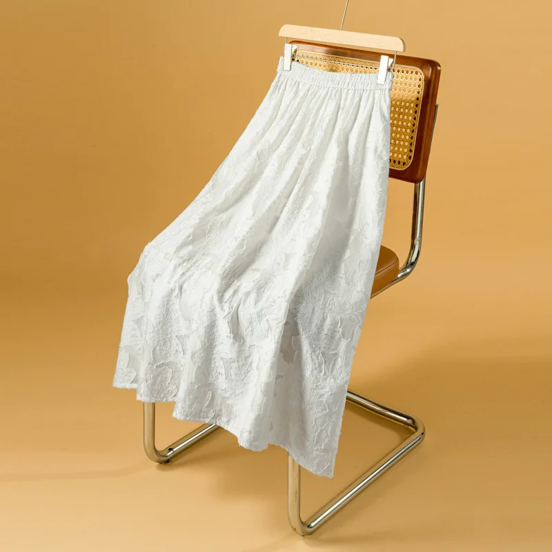 

White Lace Jacquard Midi Skirt for Women Summer Elastic Waist Mid-Length Flared A-Line Puff Skirt