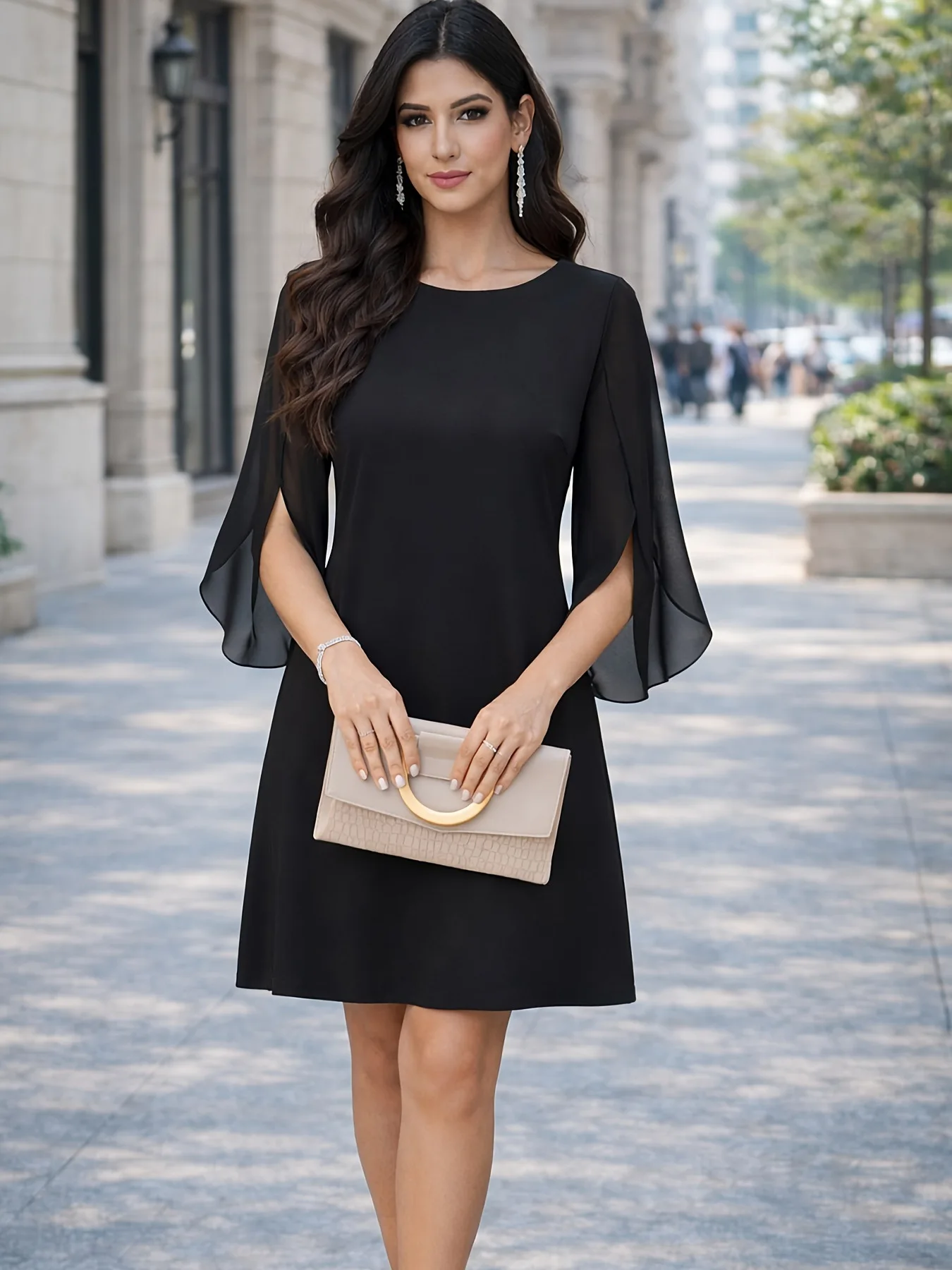 

Summer Plaid Chiffon Dress round Neck Flowing Trumpet Sleeves A-Line Skirt New Style Women's Fashion Dress