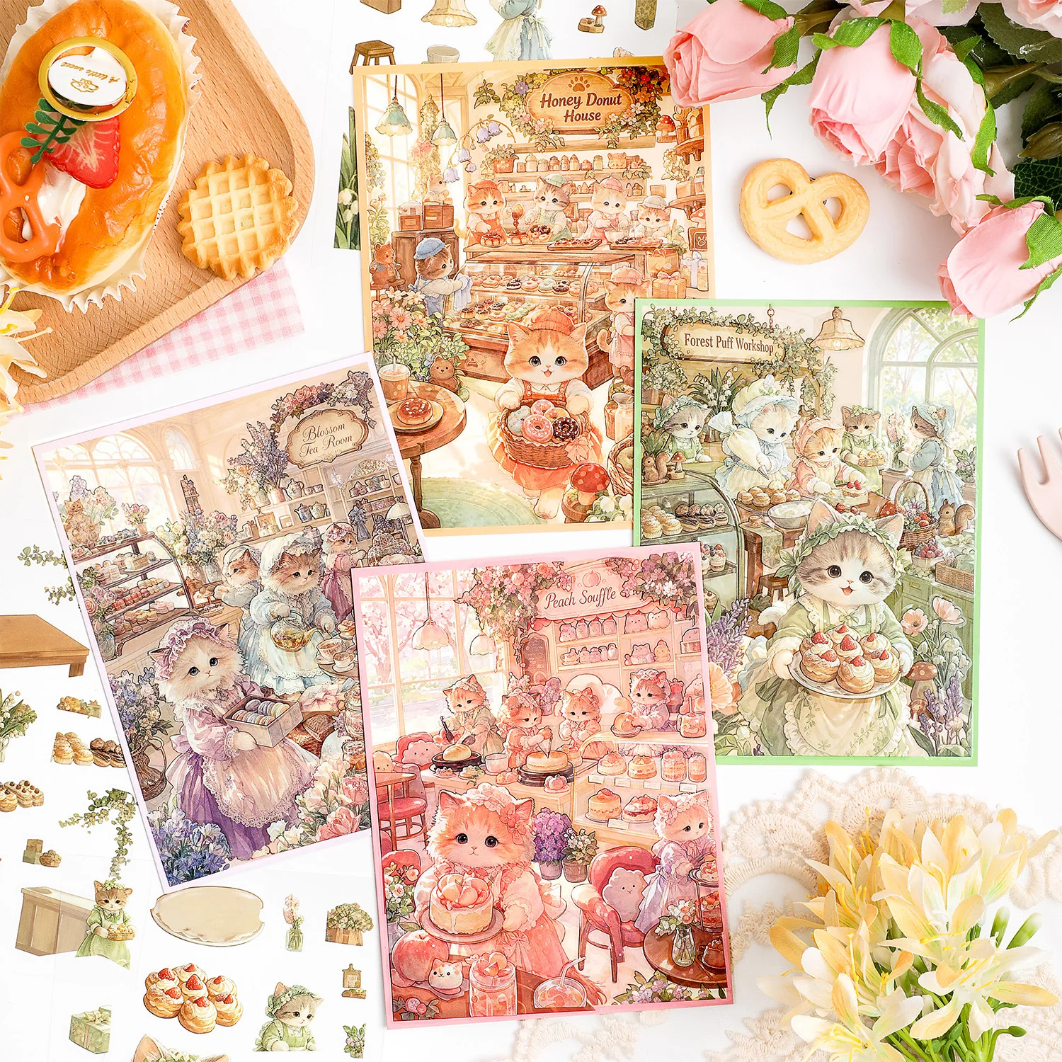 Landscape Stickers Cute Cat 3D Model PET Stickers Sweet Home Micro Landscape Scene Stickers DIY Collage Clipbook Magazine Decora