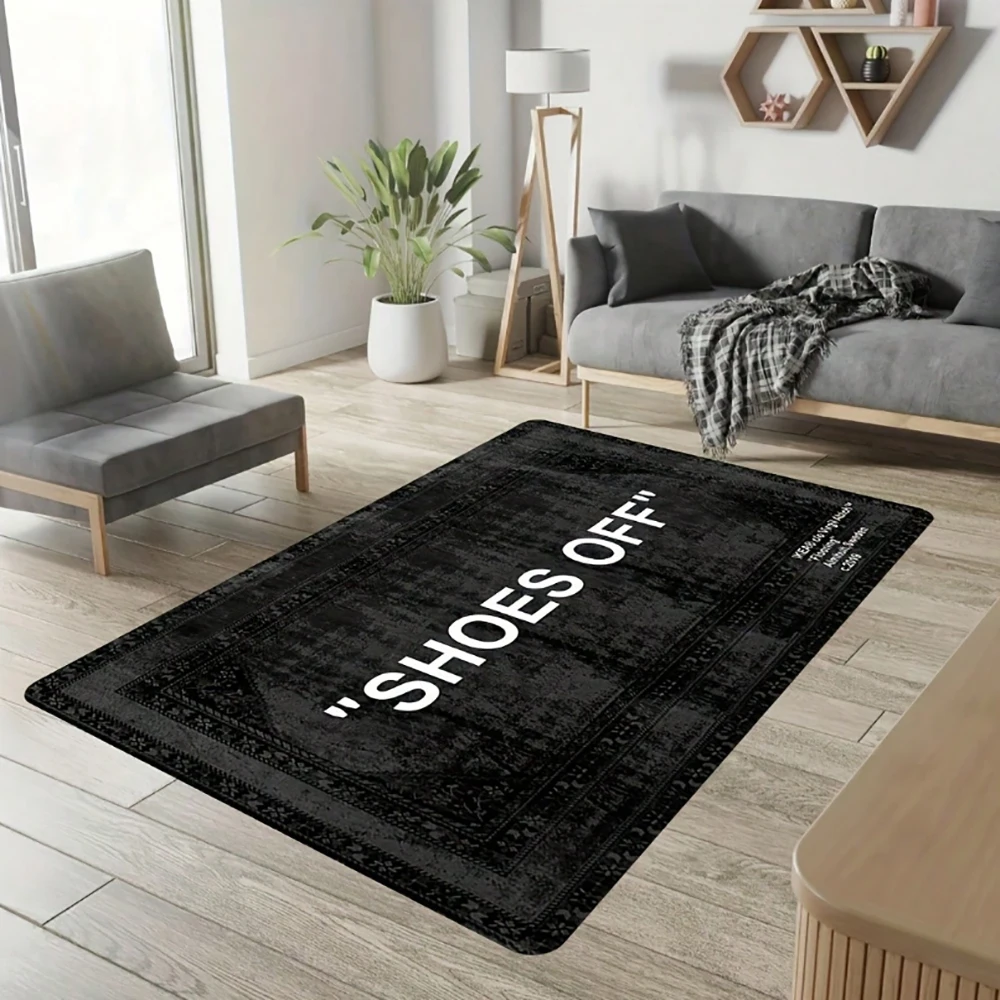 

Rectangle Non-Slip "SHOES OFF" Welcome Mat For Living Room - Lightweight, Washable, Polyester, Machine Made Rug Pad