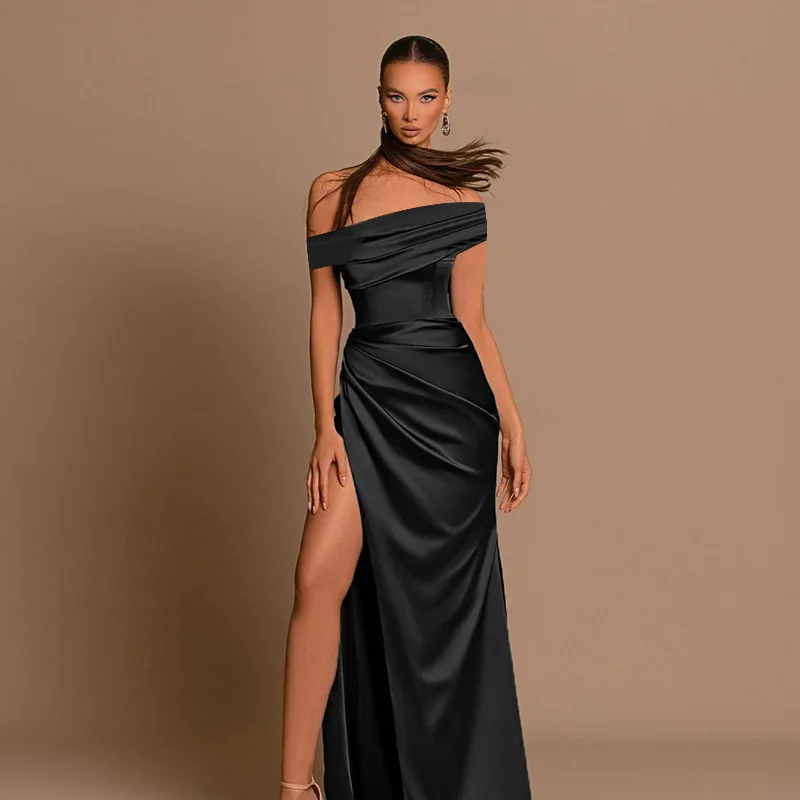 Abito da sera elegante da donna per l'autunno, in raso, senza maniche, con schiena scoperta, spacco laterale e arricciature, abito lungo da club per l'autunno