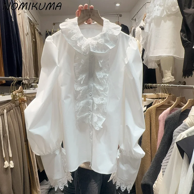 

Nomikuma 2024 Spring New Lace Pleated Peter Pan Collar Elegant Shirt Women Korean Fashion Puff Sleeve Blouse Camisas De Mujer