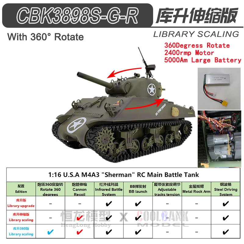 Coollbank 1/16 escala eua sherman m4a3 tanque de batalha 2.4ghz rádio controle remoto tanque brinquedos modelo militar rc tanque veículo presentes menino