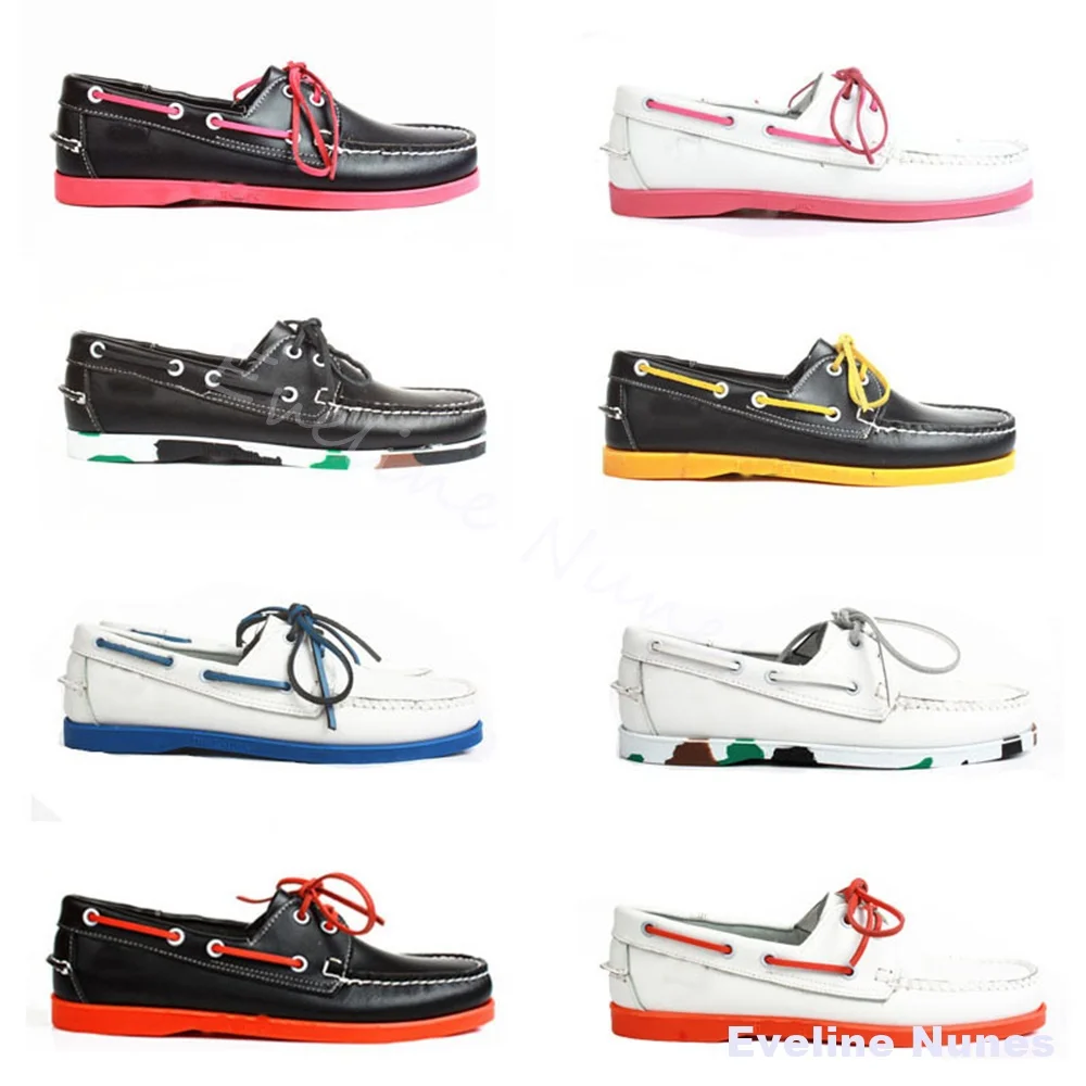 Genuine Leather Lace Up Hand Stitched Casual Loafers Men Multi Color Non-slip Rubber Sole Vintage Preppy Sailing Fashion Sneaker