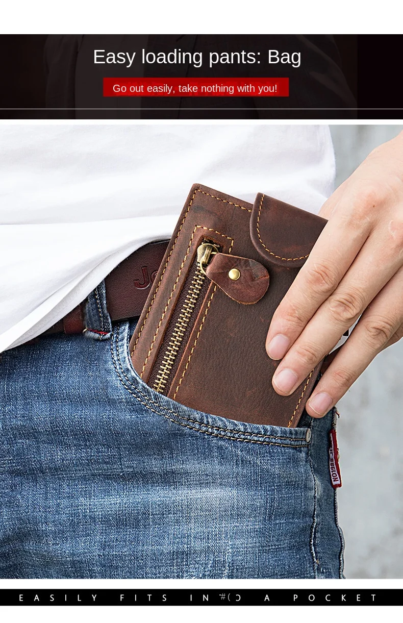 Kurze Geldbörse aus Crazy Horse-Leder für Herren, echtes Leder, Schnallen-Geldbörse, Vintage-Geldbörse aus Rindsleder, Kartenhalter, Multi-Karten-Geldbörse – Detail 3