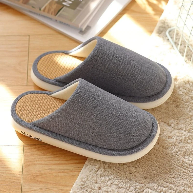 

2025 New Men's Thick Sole Linen Slippers with Enclosed Toe Indoor Non Slip Footwear for Home Comfortable Shoes for Men