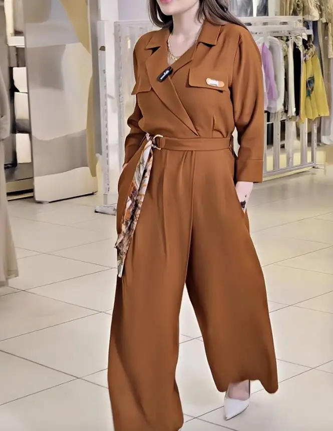 Jumpsuit Dames 2025, Lente Nieuwe Turn-Down Kraag Lange Mouw Casual Asymmetrisch Gebonden Detail Hoge Taille Wijde Pijpen Jumpsuit