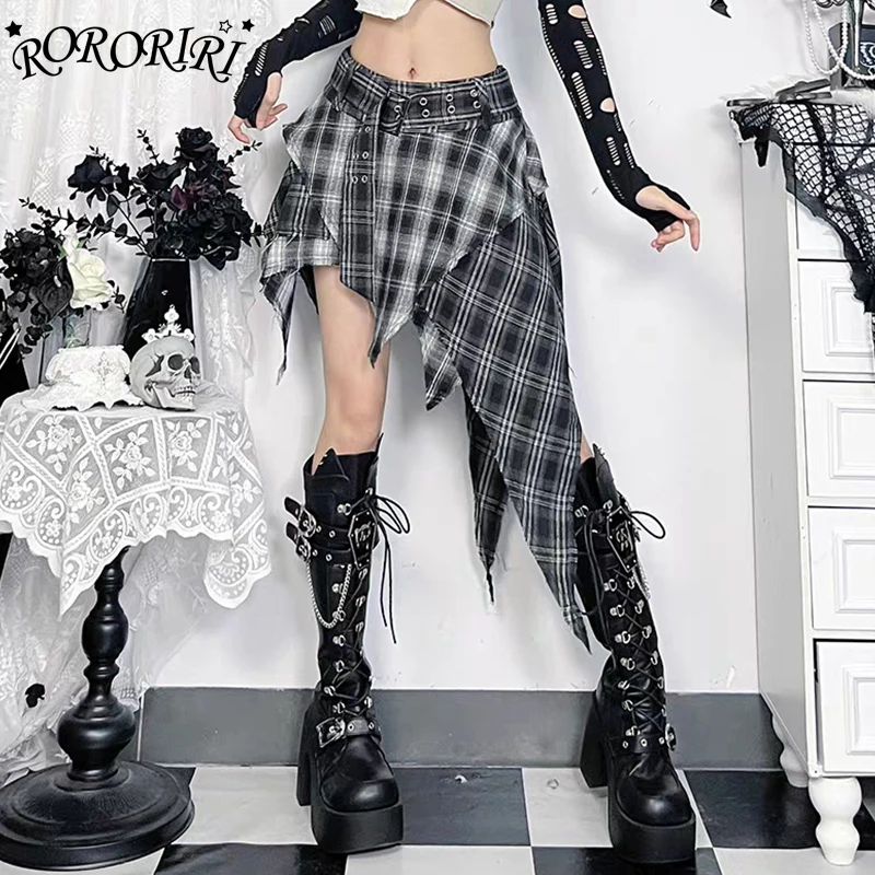 

RORORIRI Vintage Gray Irregular Plaid Skirt Women Asymmetric Grayu Loose Low Waist Belted A-line Mini Skirt Grunge Streetwear