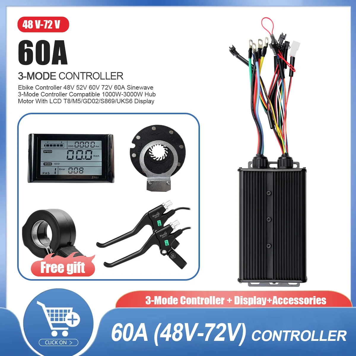 

48 В-72 В синусоидальный трехрежимный контроллер 60 А 1000 Вт-3000 Вт с дисплеем UKS6 для электрического велосипеда, трехколесного велосипеда, электронного скутера, Запчасти