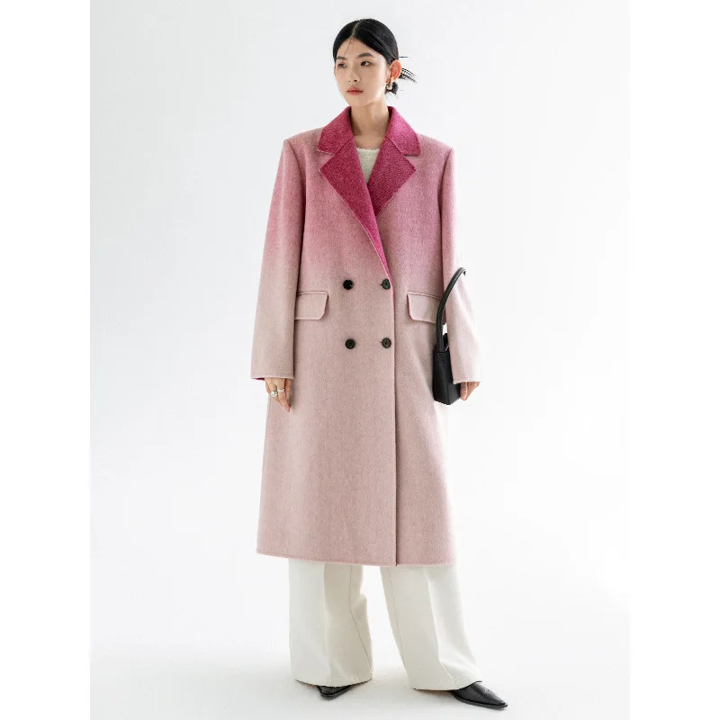 Winter new full hair gradual change double-sided nylon medium and long temperament woolen coat women