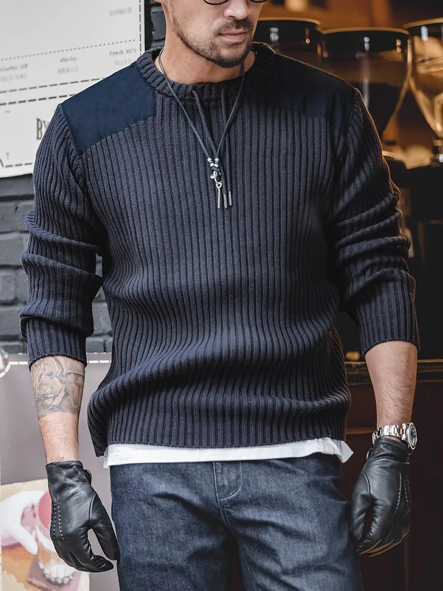 

Maden Retro Workwear Patchwork Slim Fit round Ne Men's Sweater Vertical Stripes Tactical Knitted irt Casual Cotton Blend