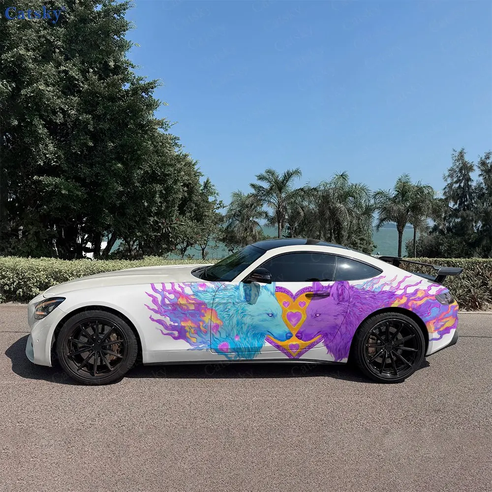 2pcs Twin Wolves Heart Love Flame, Durable, Fade-resistant, Enhance Vehicle Aesthetics With Bold Artistic Design Car Vinyl Wraps