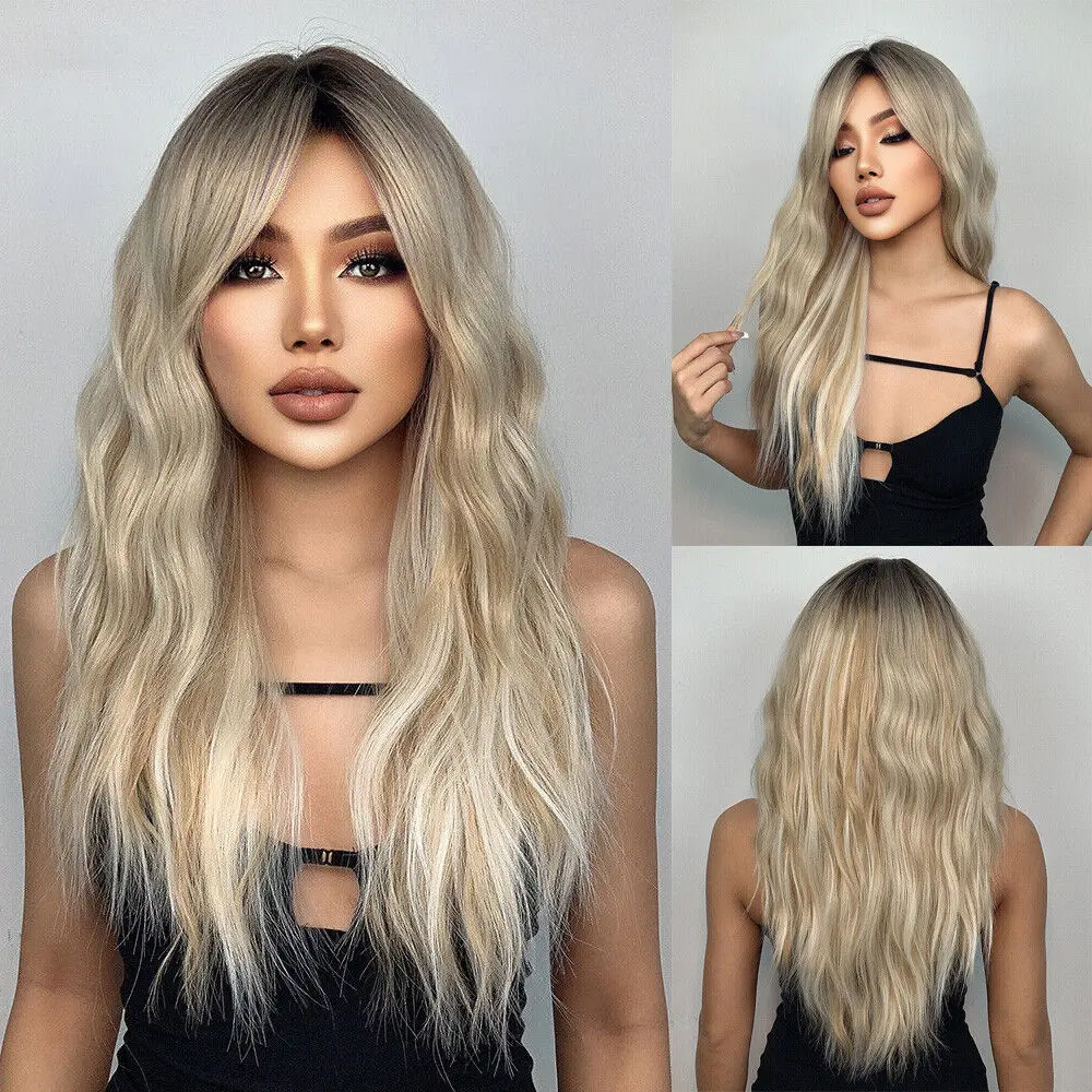 US Long Curly Ombré Blonde Wigs with Bangs Highlights Hair for Women Daily Use