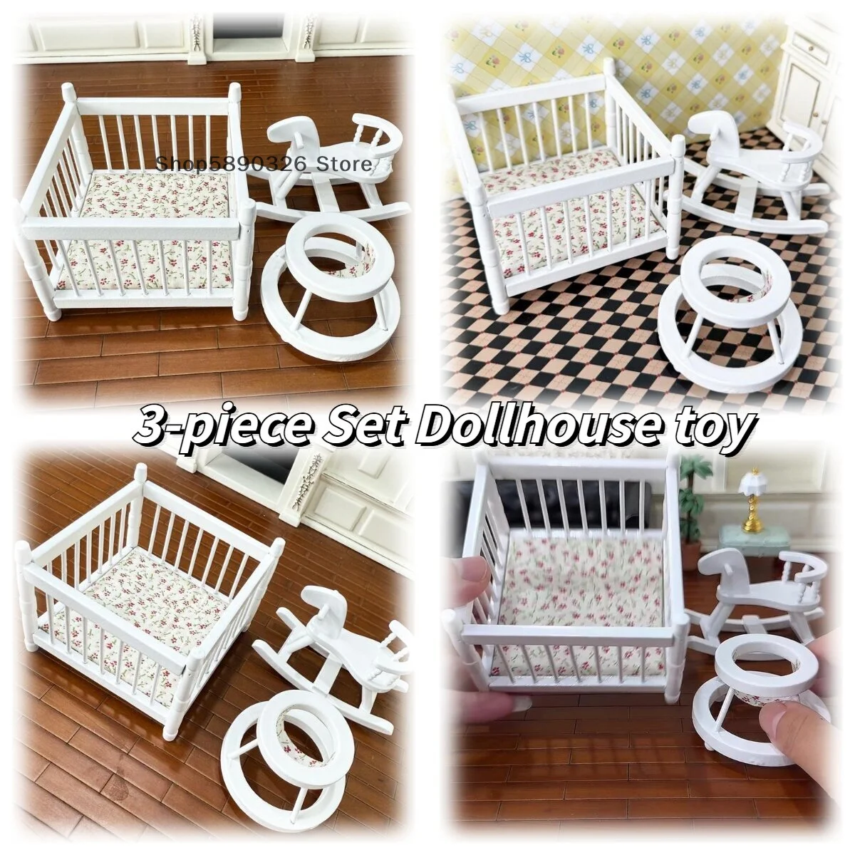 

Миниатюры ручной работы для кукольного домика: детская кровать 1:12, ходунки с троянским коньком, манеж; Набор игрушек для ролевых игр своими руками