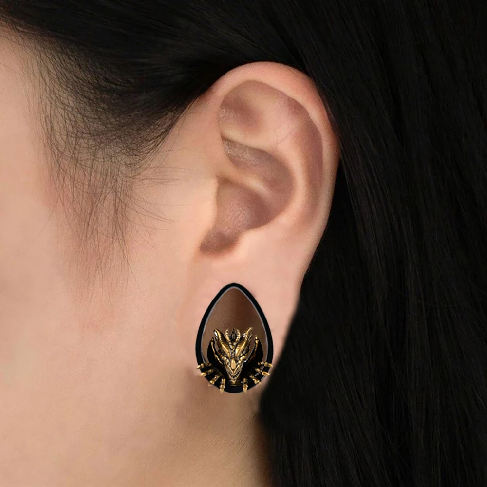 1PC Black&Golden Pterosaur Ear Plug Tunnel Surgical Steel Hollow Double Flared Expansion Ear Gauge Piercing Jewelry