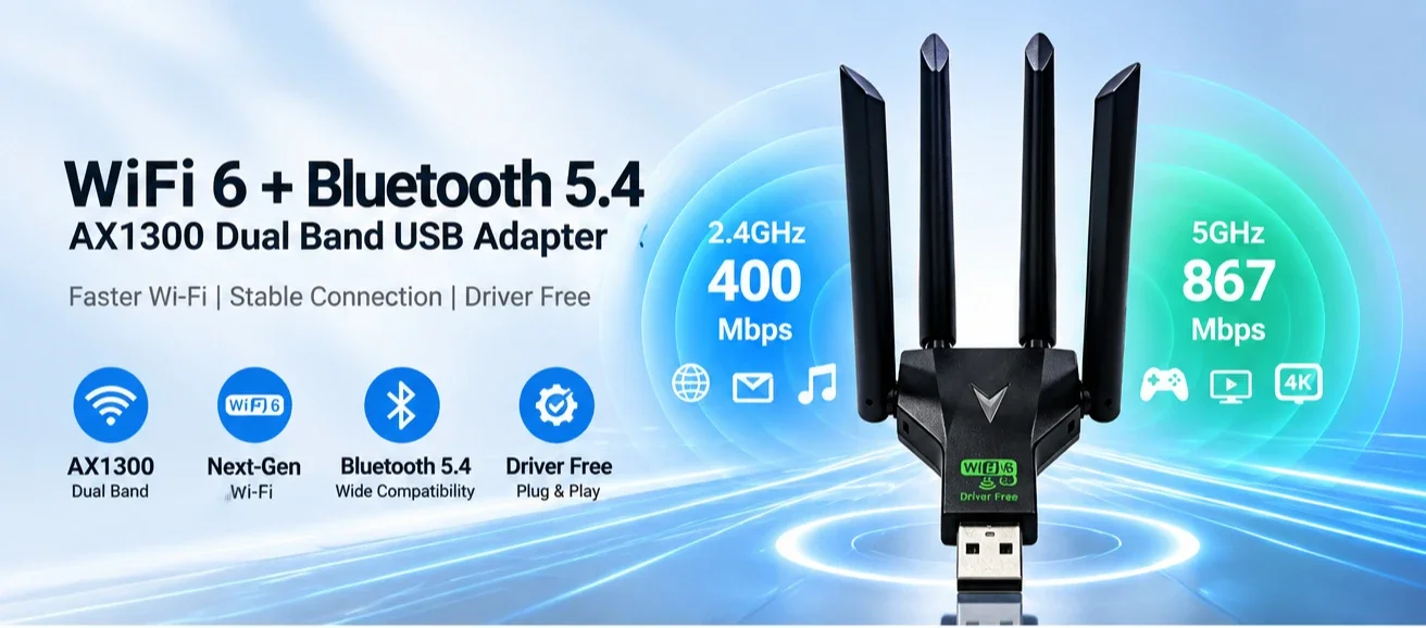AX1300 WiFi 6 Bluetooth 5.4 USB-Adapter Dual-Band 2,4G/5G 1300Mbps WLAN-Karte WiFi-Dongle für PC Laptop Treiberfrei – Detail 1