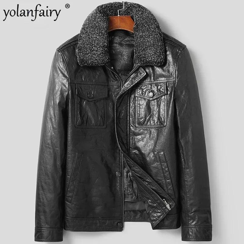 

New Genuine Leather Jacket Men's Winter Cowhide Down Coat Men's Lamb Fur Collar Motorcycle Jackets Chaquetas Para Hombre FCY5298