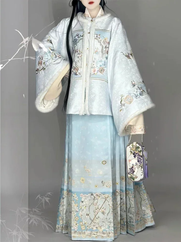 Winter Ming Dynasty Gown Embroidery Tang Suit Makeup Flower Horse Face Skirt Blue Cape Traditional Chinese New Year Hanfu Set