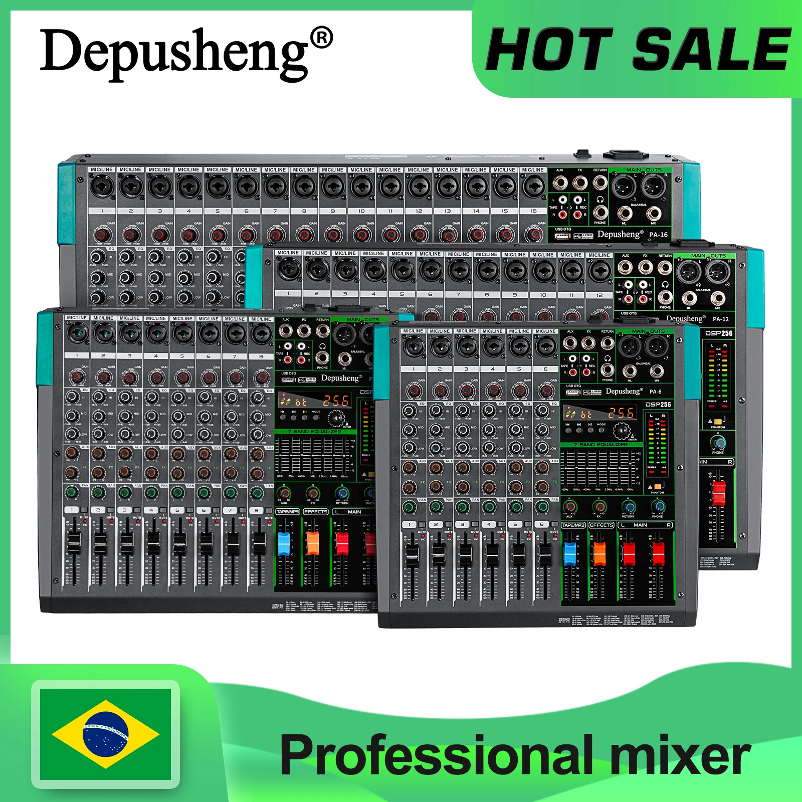 Mesa de Som Depusheng de 6/8/12/16 Canais com Mixer de Áudio, Console DJ, USB, Phantom Power 48V e 256 Efeitos DSP para Palco