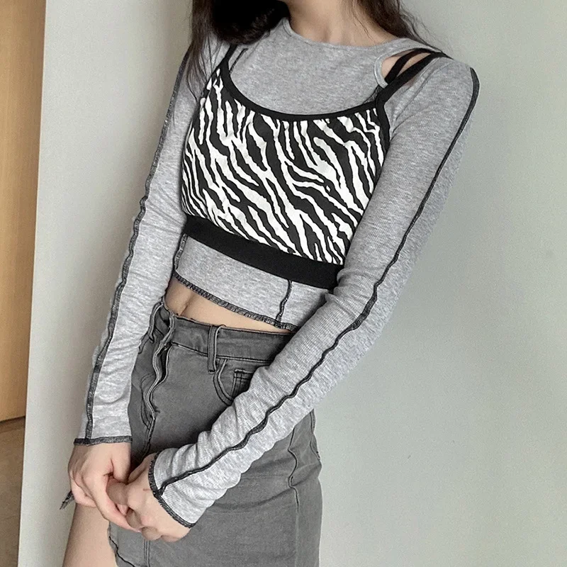 

Harajuku Hollow Out Crop Tops Streetwear 2023 Vintage Punk Zebra Print Long Sleeve Tops Women Autumn Sexy Patchwork Basic Top