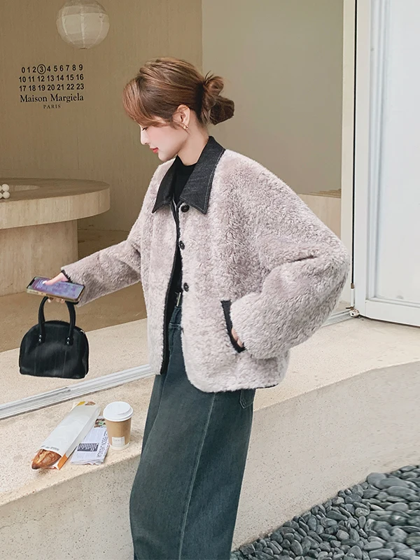 Ladies Thiened Lamb Fur Jaet ort Sle Autumn Winter New Korean Sle Inteated Leather And Fur Warm Casual Loose Fit