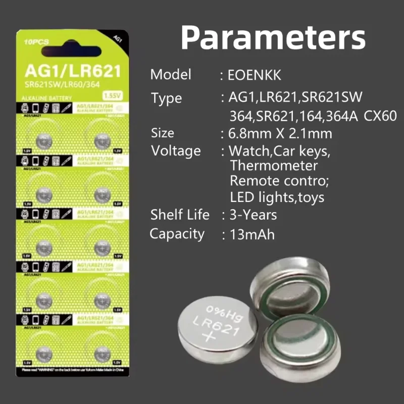 top1-100PCS 1.55V AG1 LR621 364 V364 164 531 SR621 SR60 CX6 Alkaline Coin Cell Button Battery For Watch Toy Calculator Clock Rem