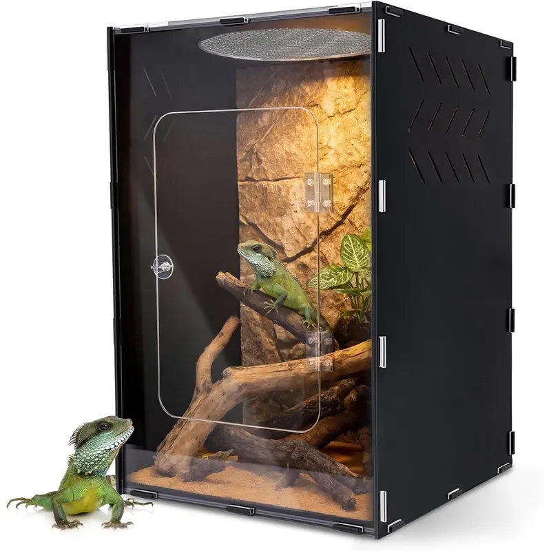 Reptile Tank Enclosure Reptile Terrarium Acrylic Front Opening with Metal Translucent Mesh Top for Crested Gecko Lizards