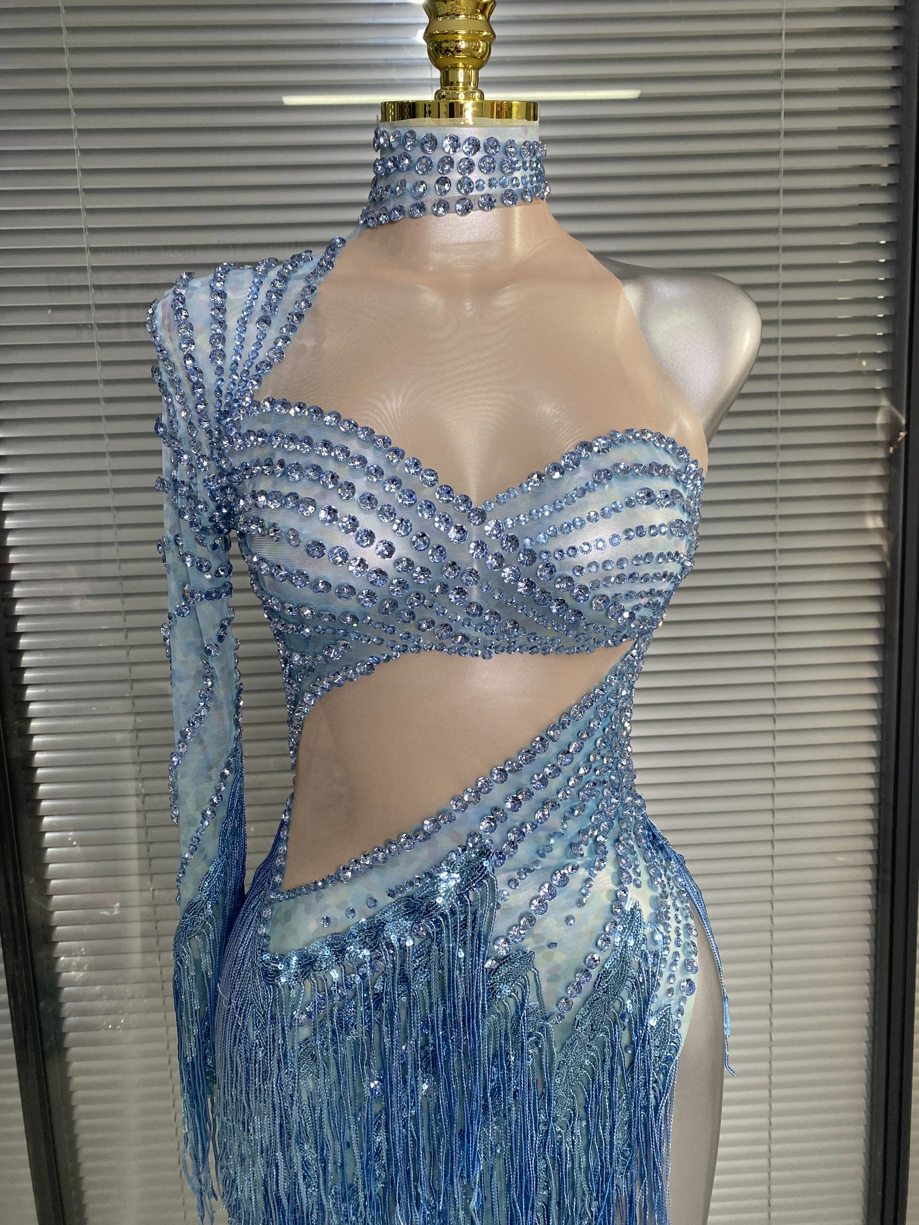 

Women Sexy Sparkly Rhinestone Tassels Blue Mesh See Through High Split Short Birthday Dress Party Nightclub Performance Costume