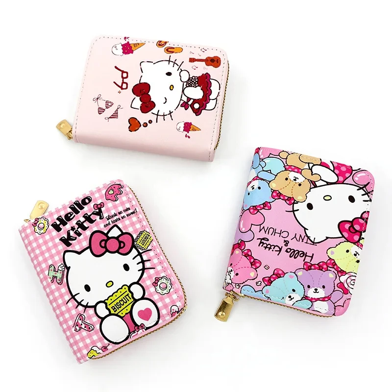 Sanrio sevimli cüzdan Hello Kitty bozuk para cüzdanı Kawaii deri kartlık kadın Pu rahat para kart çantası çocuklar için doğum günü hediyesi kızlar