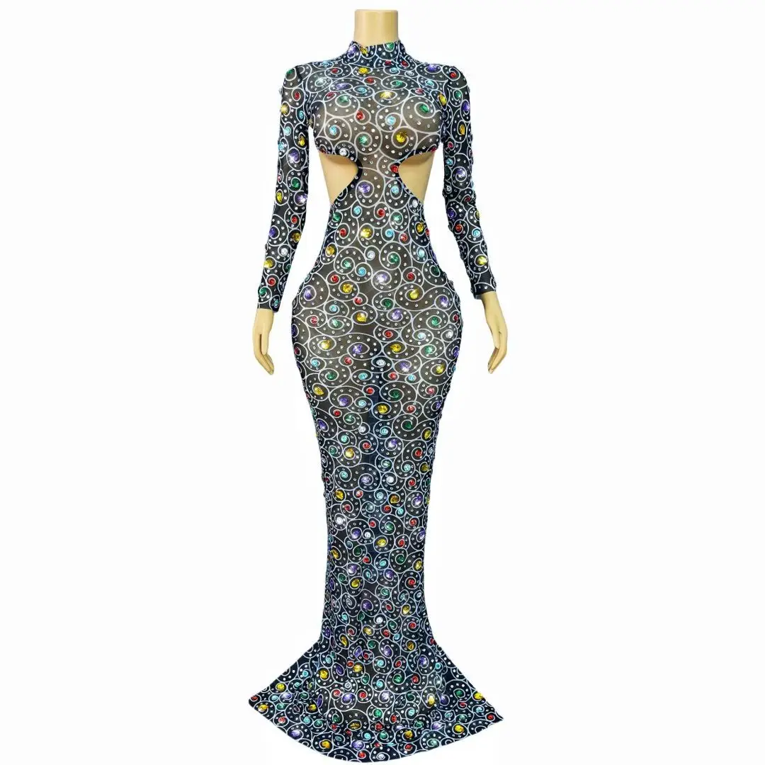 豪華なキラキラ輝くカラフルなラインストーンプリントメッシュドレス、カットアウトマキシ丈ロング、伸縮性のあるランウェイセレブリティイブニングパーティーガウンコスチューム
