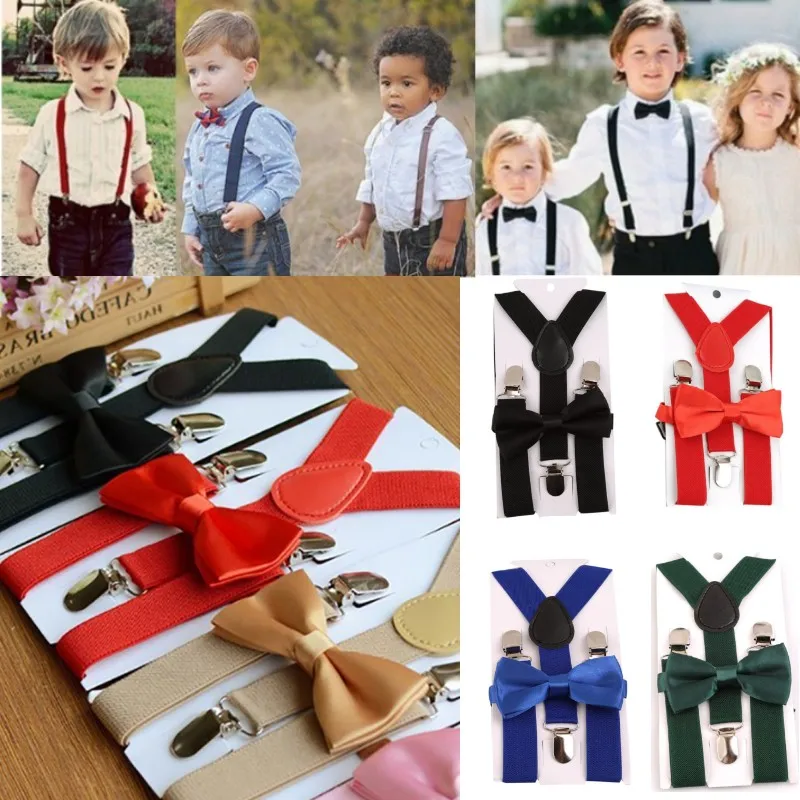 Kids Elastic Suspenders Bow Tie set Matching Tuxedo Suit Unisex Boy Girl Bowtie Wedding Costume Adjustable Y-Back Brace Belt