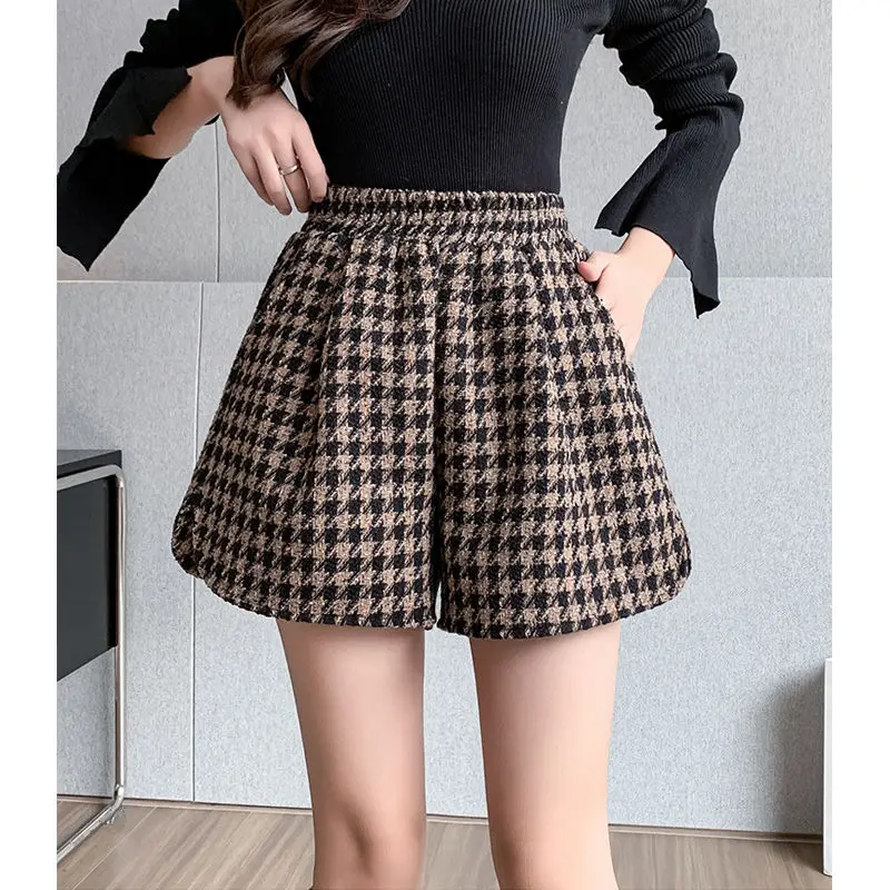 

Korean Autumn/Winter New Women's Elastic High Waist Houndstooth Pockets Simplicity Fashion Casual Loose Wide Leg A-line Shorts