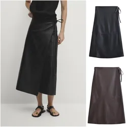 ETJ Fall/Winter 2025 new Women's elegant high-grade minimalist delicate lace-up imitation leather wrap type A-line skirt