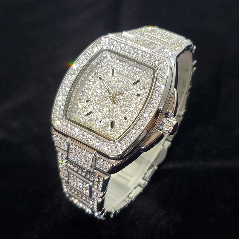 Bling Bling Diamond Watches for Men Fashion Tonneau Silver Quartz Wristwatch Luxury Hip Hop Iced Out  Relogio Masculino Hot Sale