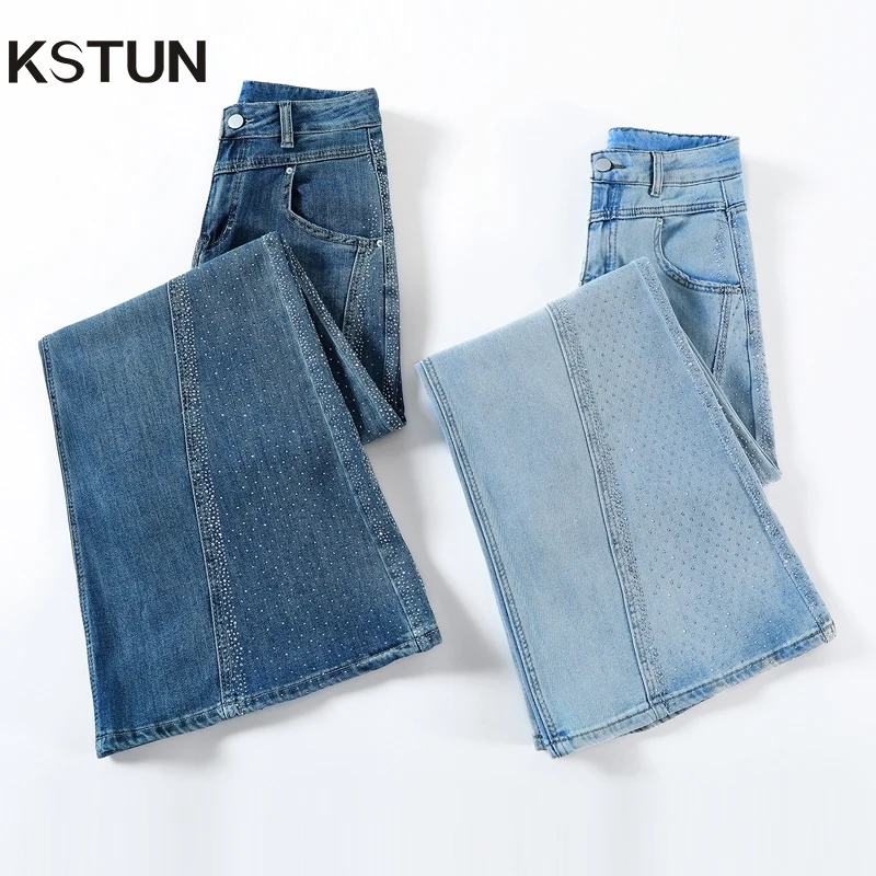 KSTUN Women's Wide Leg Jeans Bell Bottom Pants Female Flare Pants Streetwear Hotfix Rhinestones Desinger Patchwork Jeans Kpop