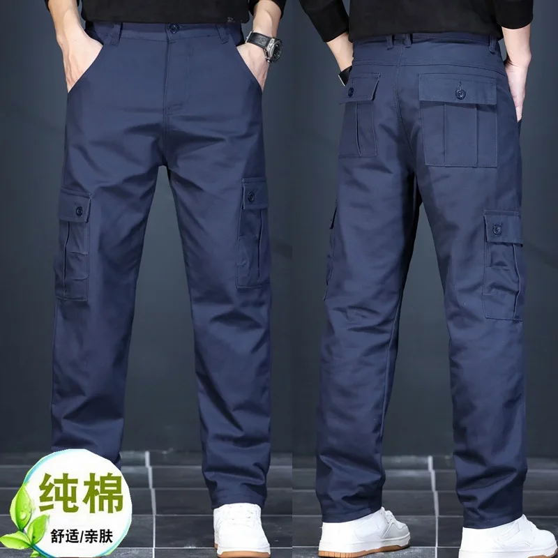 Men Multi-Pocket Solid Color Wide Leg Cargo Pants Work Wear Casual Trousers Male Army Green Dark Gray Overalls For Daily Outdoor