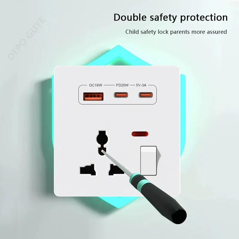 Universal 3Pin Wall Socket With 20W Fast Charging Type-C USB Port,UK Plastic Electrical Wall Dual Type-C Power Outlet AC110-250V view 3
